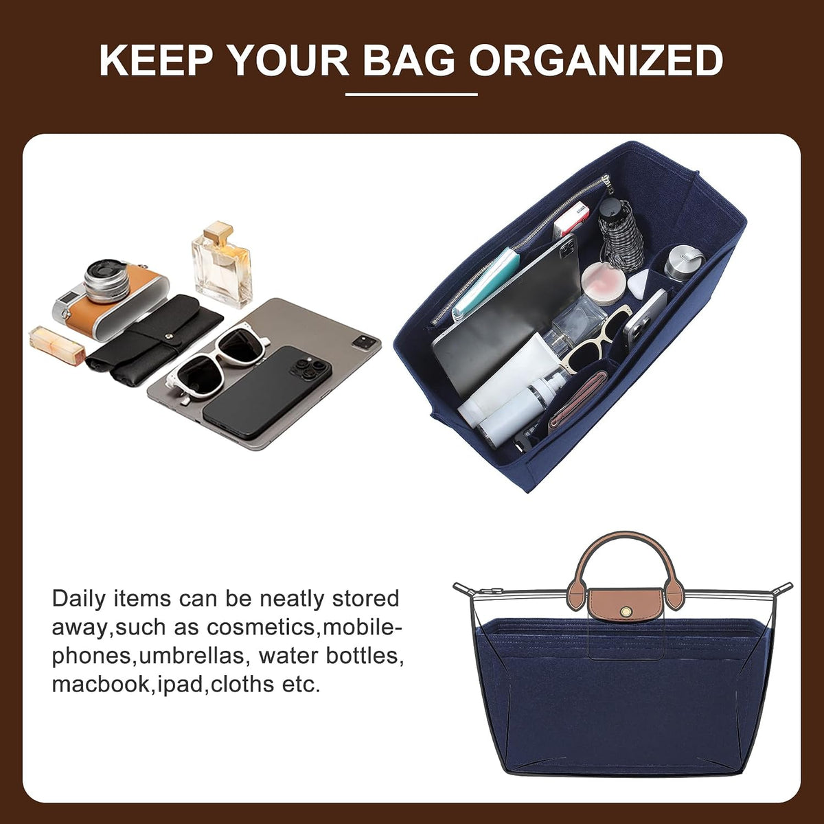 Felt Purse Organizer Insert for Longchamp Le Pliage Large, Beige