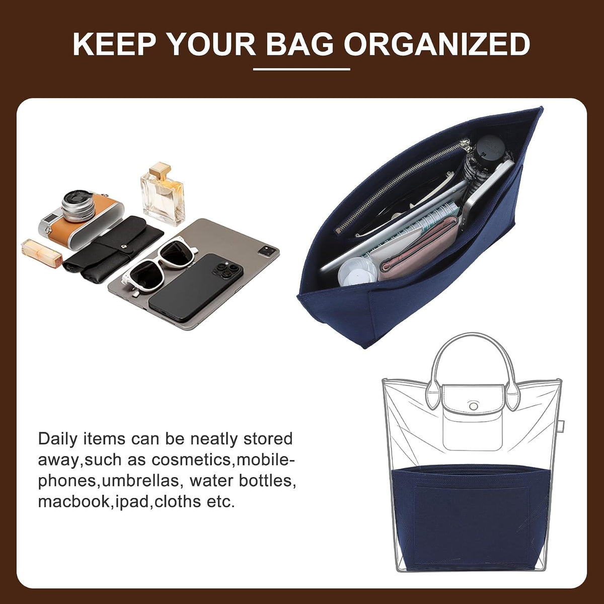 Felt Purse Organizer Insert for Longchamp Le Pliage Large, Beige