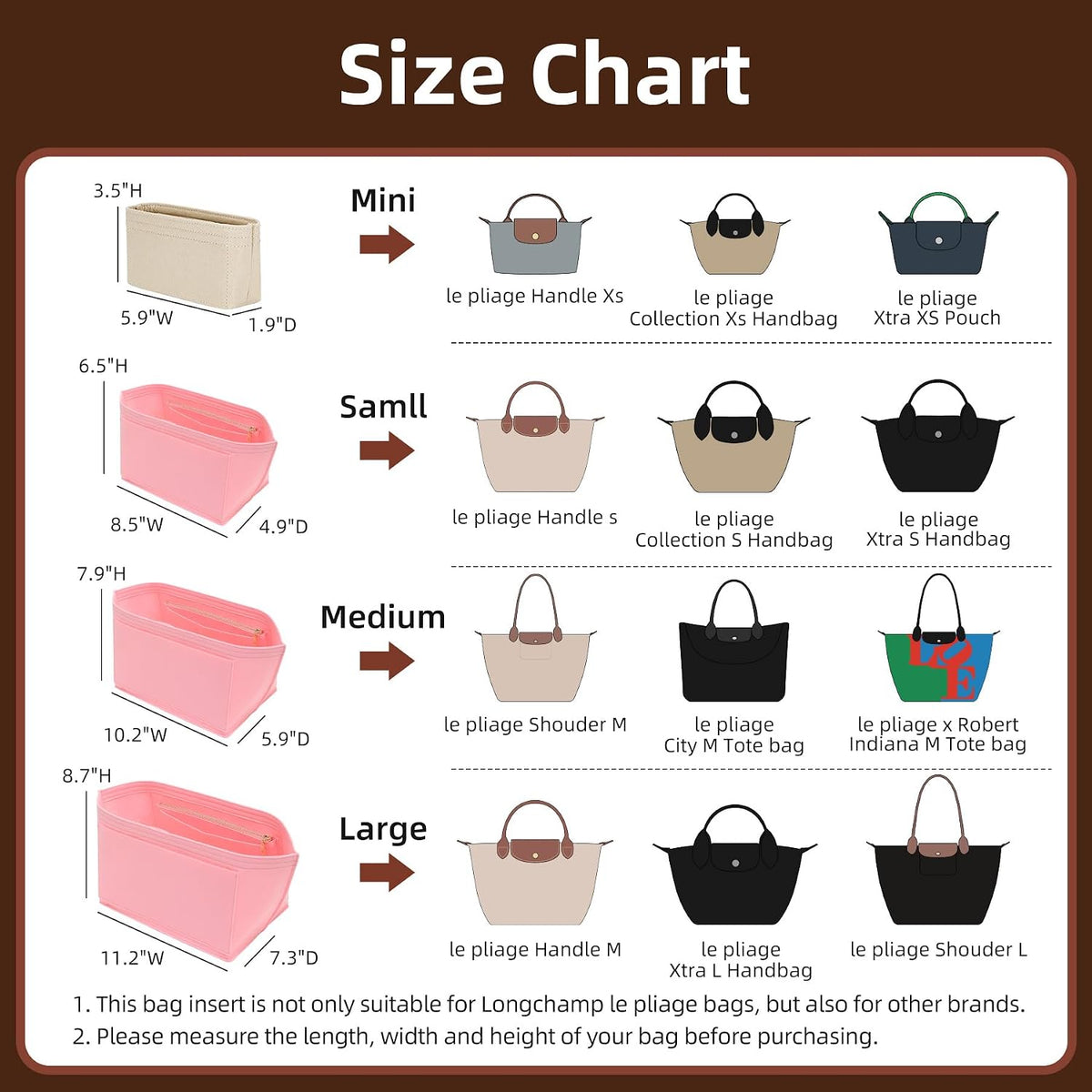Felt Purse Organizer Insert for Longchamp Le Pliage Large, Beige