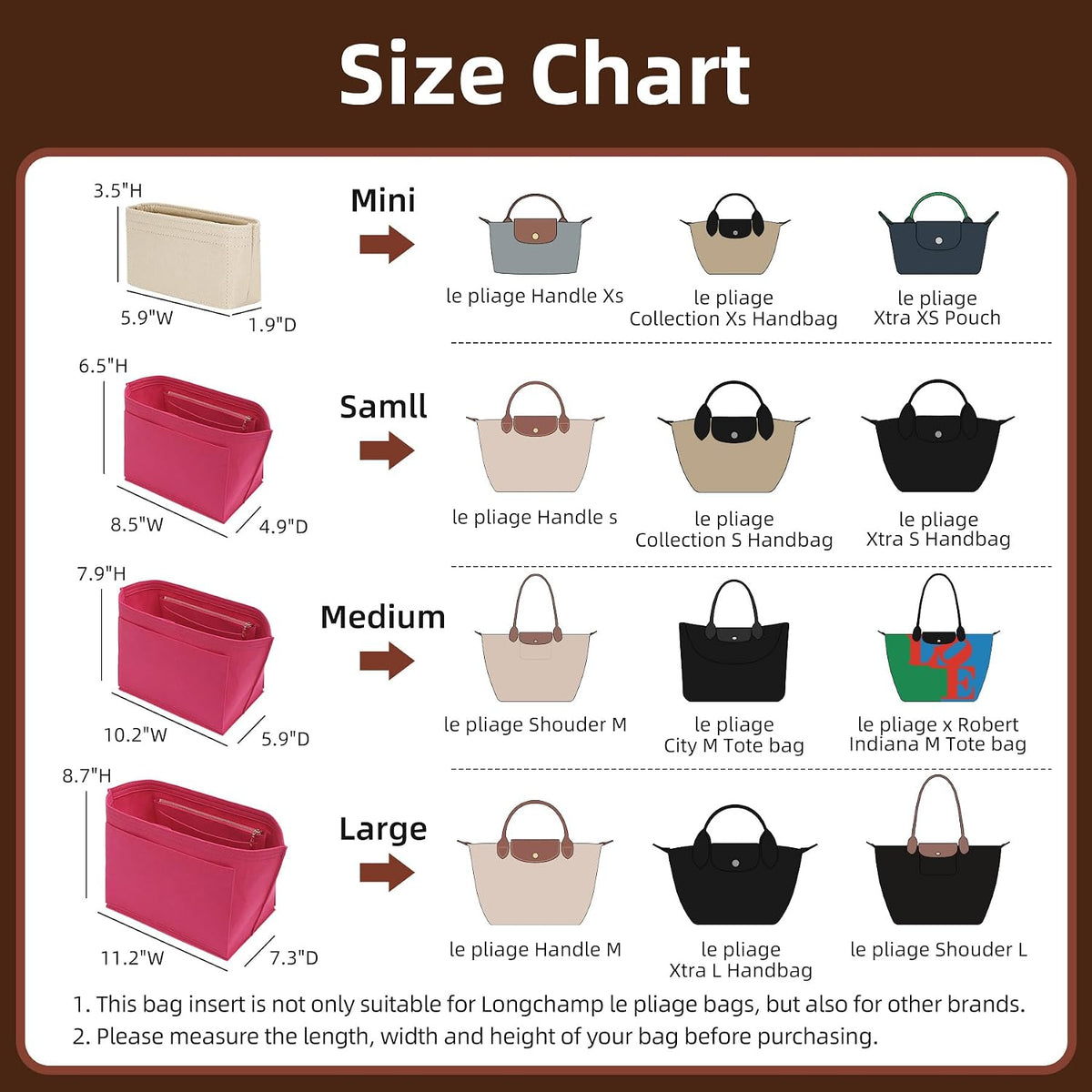 Felt Purse Organizer Insert for Longchamp Le Pliage Large, Beige