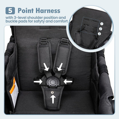 Wagon Stroller for 2 Kids, High Seat & 5 Point Harness, Foldable All-Terrain Wagon for Toddler with Canopy, Parent Organizer, Shoulder Bag, Adjustable Handlebar, Ultimate Double (Black)