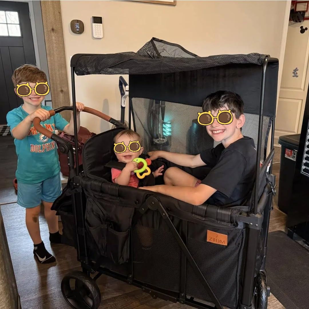 Wagon Stroller for 2 Kids, High Seat & 5 Point Harness, Foldable All-Terrain Wagon for Toddler with Canopy, Parent Organizer, Shoulder Bag, Adjustable Handlebar, Ultimate Double (Black)