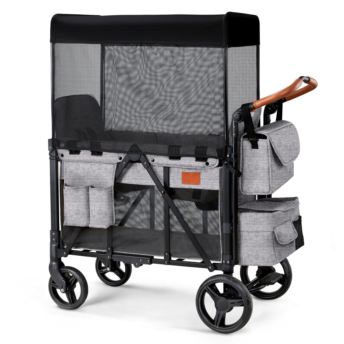 Wagon Stroller for 2 Kids, High Seat & 5 Point Harness, Foldable All-Terrain Wagon for Toddler with Canopy, Parent Organizer, Shoulder Bag, Adjustable Handlebar, Ultimate Double (Black)