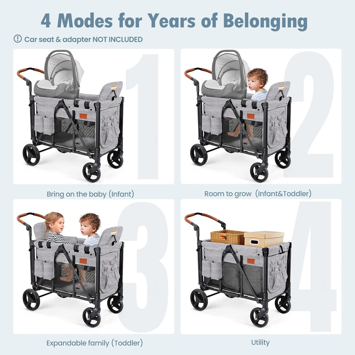 Wagon Stroller for 2 Kids, High Seat & 5 Point Harness, Foldable All-Terrain Wagon for Toddler with Canopy, Parent Organizer, Shoulder Bag, Adjustable Handlebar, Ultimate Double (Black)