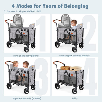 Wagon Stroller for 2 Kids, High Seat & 5 Point Harness, Foldable All-Terrain Wagon for Toddler with Canopy, Parent Organizer, Shoulder Bag, Adjustable Handlebar, Ultimate Double (Black)