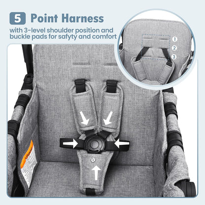 Wagon Stroller for 2 Kids, High Seat & 5 Point Harness, Foldable All-Terrain Wagon for Toddler with Canopy, Parent Organizer, Shoulder Bag, Adjustable Handlebar, Ultimate Double (Black)