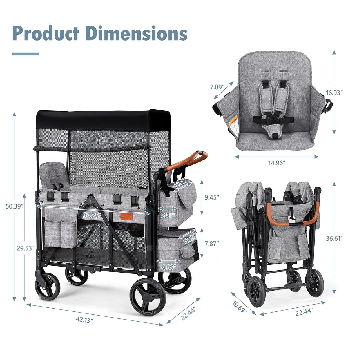 Wagon Stroller for 2 Kids, High Seat & 5 Point Harness, Foldable All-Terrain Wagon for Toddler with Canopy, Parent Organizer, Shoulder Bag, Adjustable Handlebar, Ultimate Double (Black)