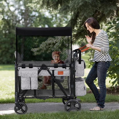 Wagon Stroller for 2 Kids, High Seat & 5 Point Harness, Foldable All-Terrain Wagon for Toddler with Canopy, Parent Organizer, Shoulder Bag, Adjustable Handlebar, Ultimate Double (Black)