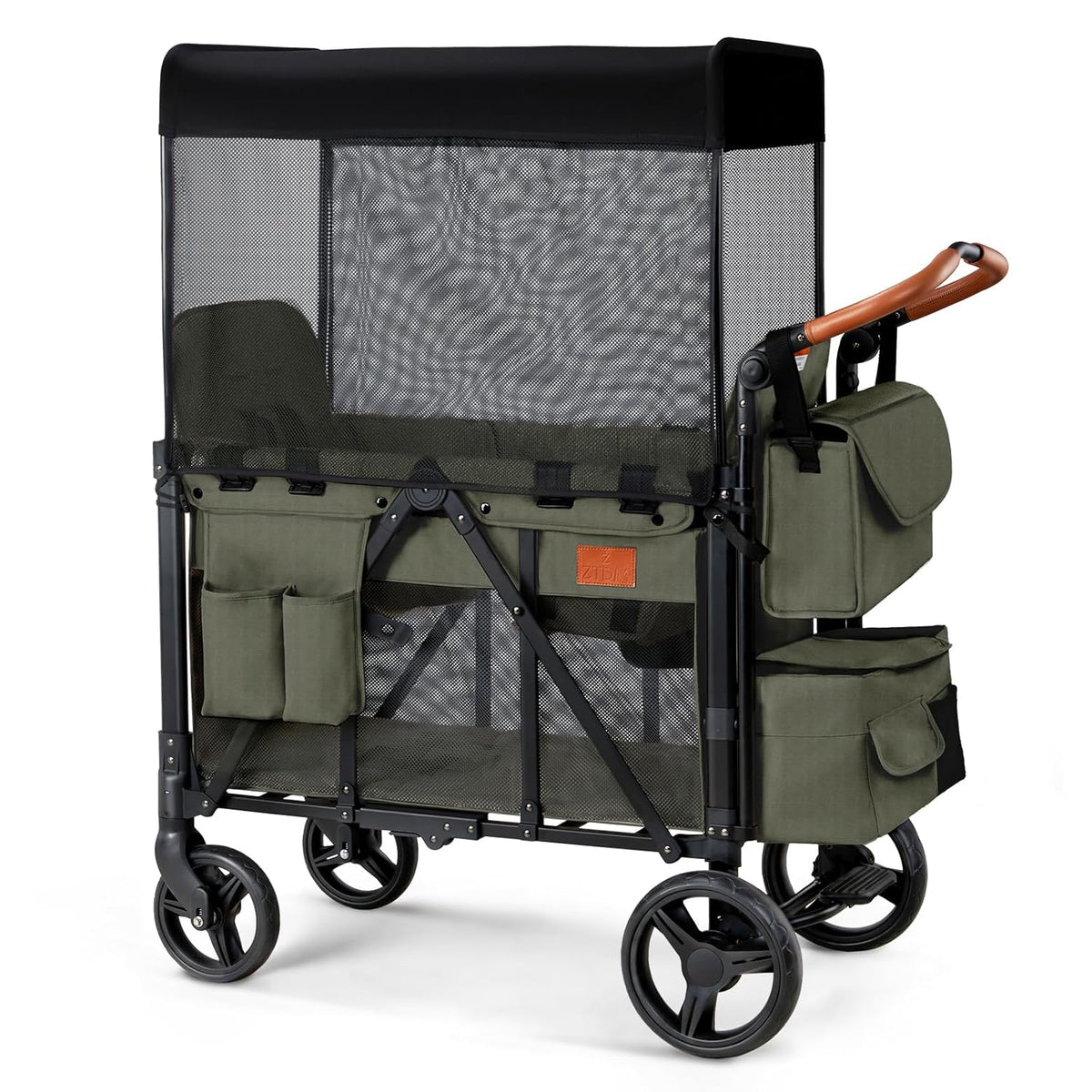 Wagon Stroller for 2 Kids, High Seat & 5 Point Harness, Foldable All-Terrain Wagon for Toddler with Canopy, Parent Organizer, Shoulder Bag, Adjustable Handlebar, Ultimate Double (Black)