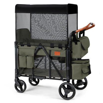 Wagon Stroller for 2 Kids, High Seat & 5 Point Harness, Foldable All-Terrain Wagon for Toddler with Canopy, Parent Organizer, Shoulder Bag, Adjustable Handlebar, Ultimate Double (Black)