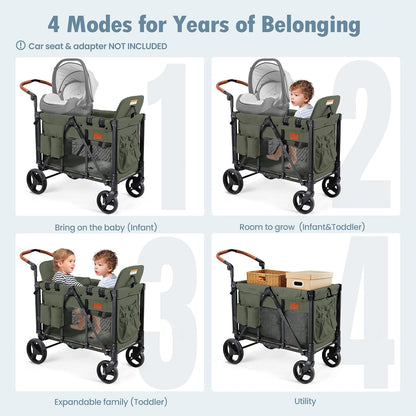 Wagon Stroller for 2 Kids, High Seat & 5 Point Harness, Foldable All-Terrain Wagon for Toddler with Canopy, Parent Organizer, Shoulder Bag, Adjustable Handlebar, Ultimate Double (Black)