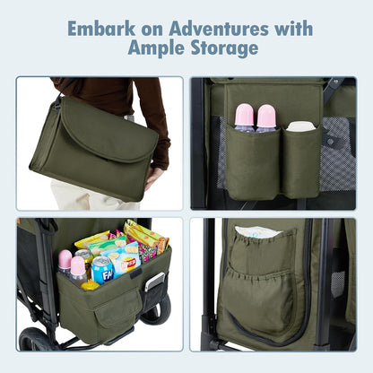 Wagon Stroller for 2 Kids, High Seat & 5 Point Harness, Foldable All-Terrain Wagon for Toddler with Canopy, Parent Organizer, Shoulder Bag, Adjustable Handlebar, Ultimate Double (Black)