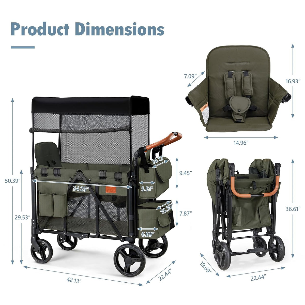 Wagon Stroller for 2 Kids, High Seat & 5 Point Harness, Foldable All-Terrain Wagon for Toddler with Canopy, Parent Organizer, Shoulder Bag, Adjustable Handlebar, Ultimate Double (Black)