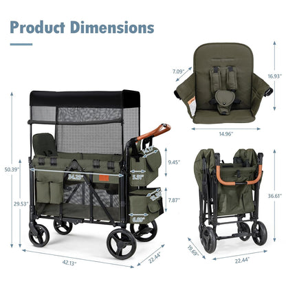 Wagon Stroller for 2 Kids, High Seat & 5 Point Harness, Foldable All-Terrain Wagon for Toddler with Canopy, Parent Organizer, Shoulder Bag, Adjustable Handlebar, Ultimate Double (Black)