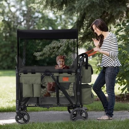 Wagon Stroller for 2 Kids, High Seat & 5 Point Harness, Foldable All-Terrain Wagon for Toddler with Canopy, Parent Organizer, Shoulder Bag, Adjustable Handlebar, Ultimate Double (Black)