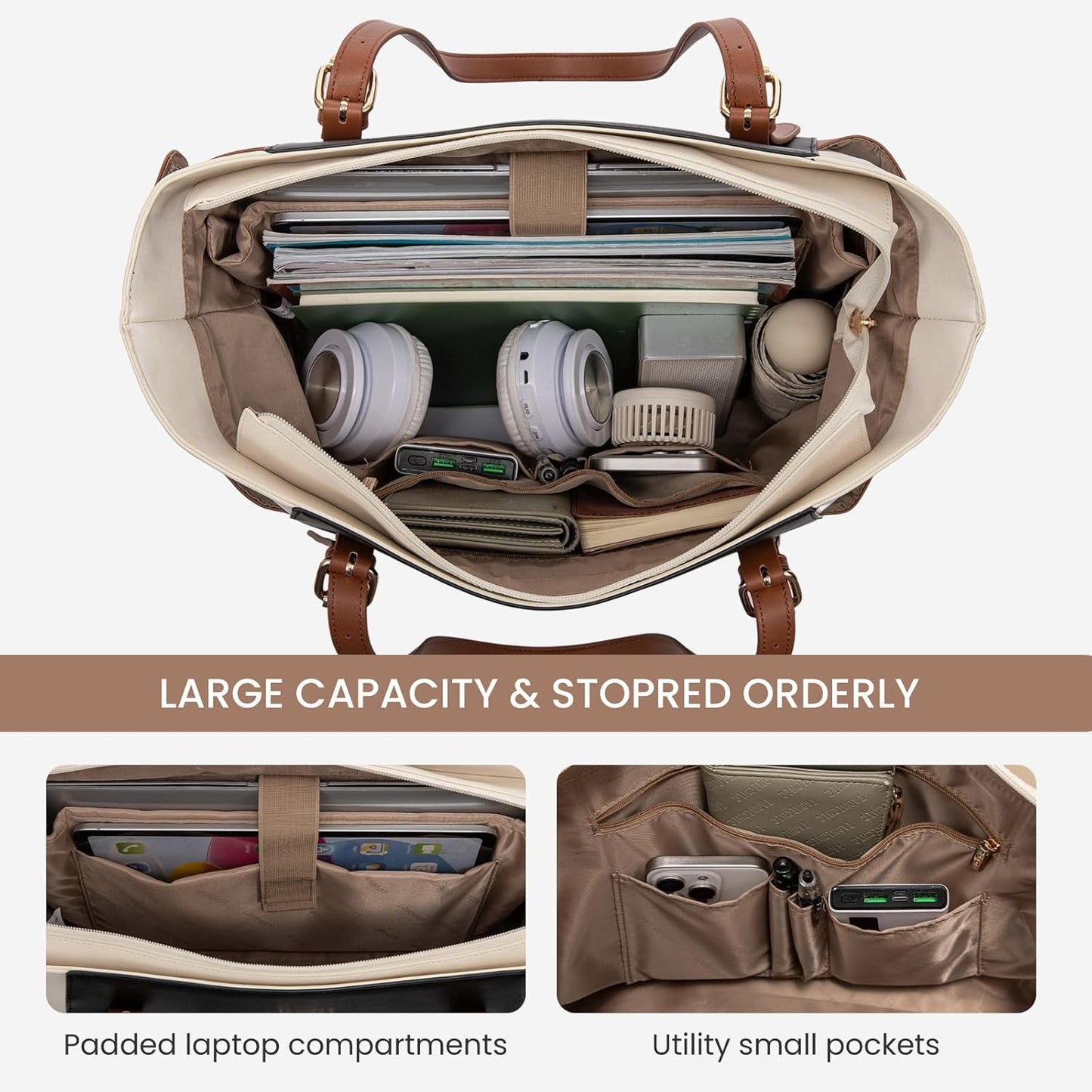 Laptop Tote Bag for Women,Leather Work Computer Briefcase Bag | Large Cup Holder,15.6 Inch Work Tote,Professional Briefcase,Teacher Commuter Shoulder Bag,Office,Travel,Gift