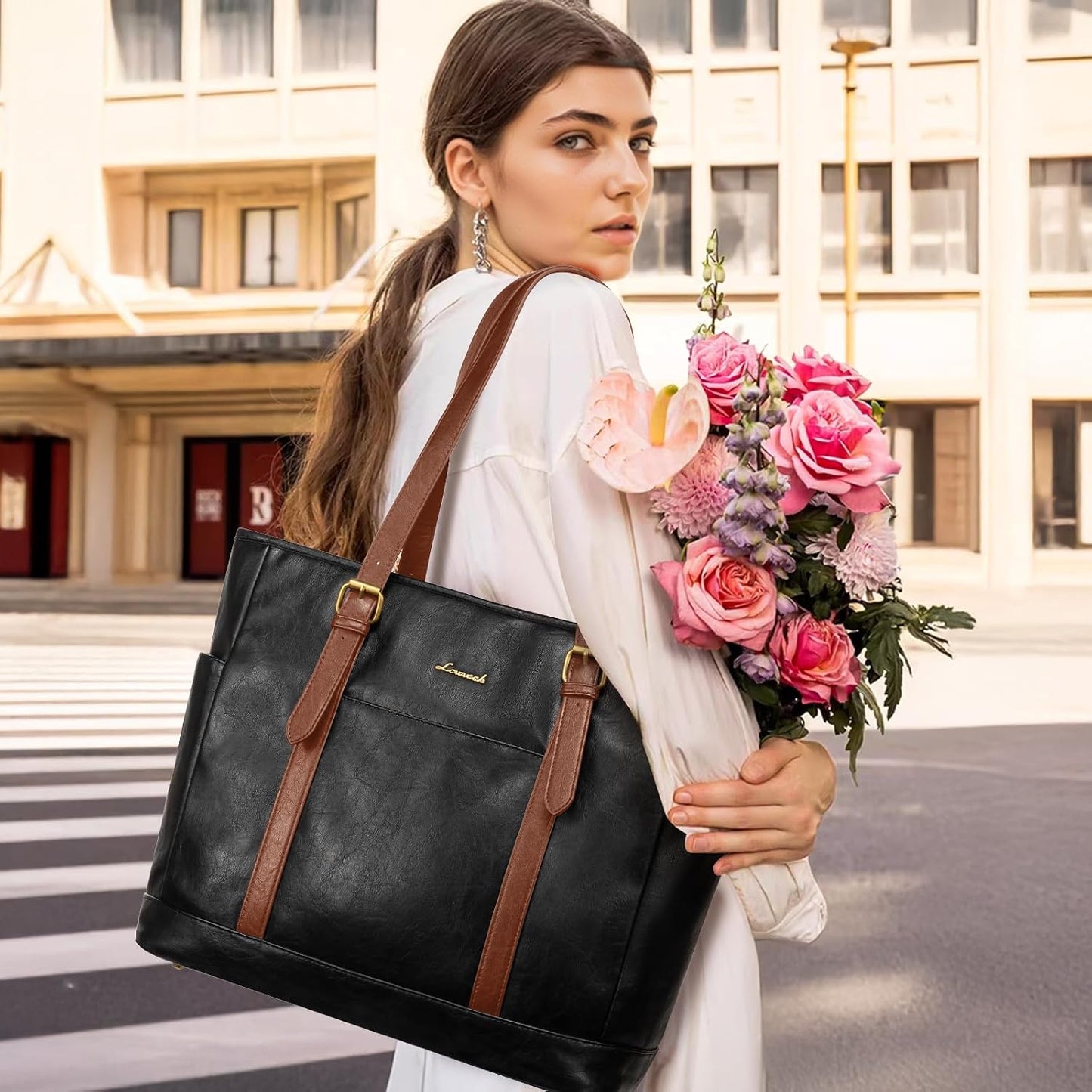 Laptop Tote Bag for Women,Leather Work Computer Briefcase Bag | Large Cup Holder,15.6 Inch Work Tote,Professional Briefcase,Teacher Commuter Shoulder Bag,Office,Travel,Gift