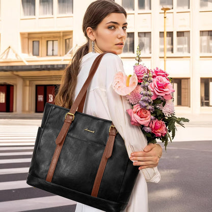 Laptop Tote Bag for Women,Leather Work Computer Briefcase Bag | Large Cup Holder,15.6 Inch Work Tote,Professional Briefcase,Teacher Commuter Shoulder Bag,Office,Travel,Gift