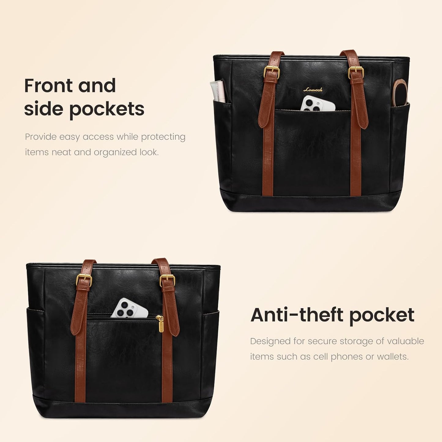 Laptop Tote Bag for Women,Leather Work Computer Briefcase Bag | Large Cup Holder,15.6 Inch Work Tote,Professional Briefcase,Teacher Commuter Shoulder Bag,Office,Travel,Gift