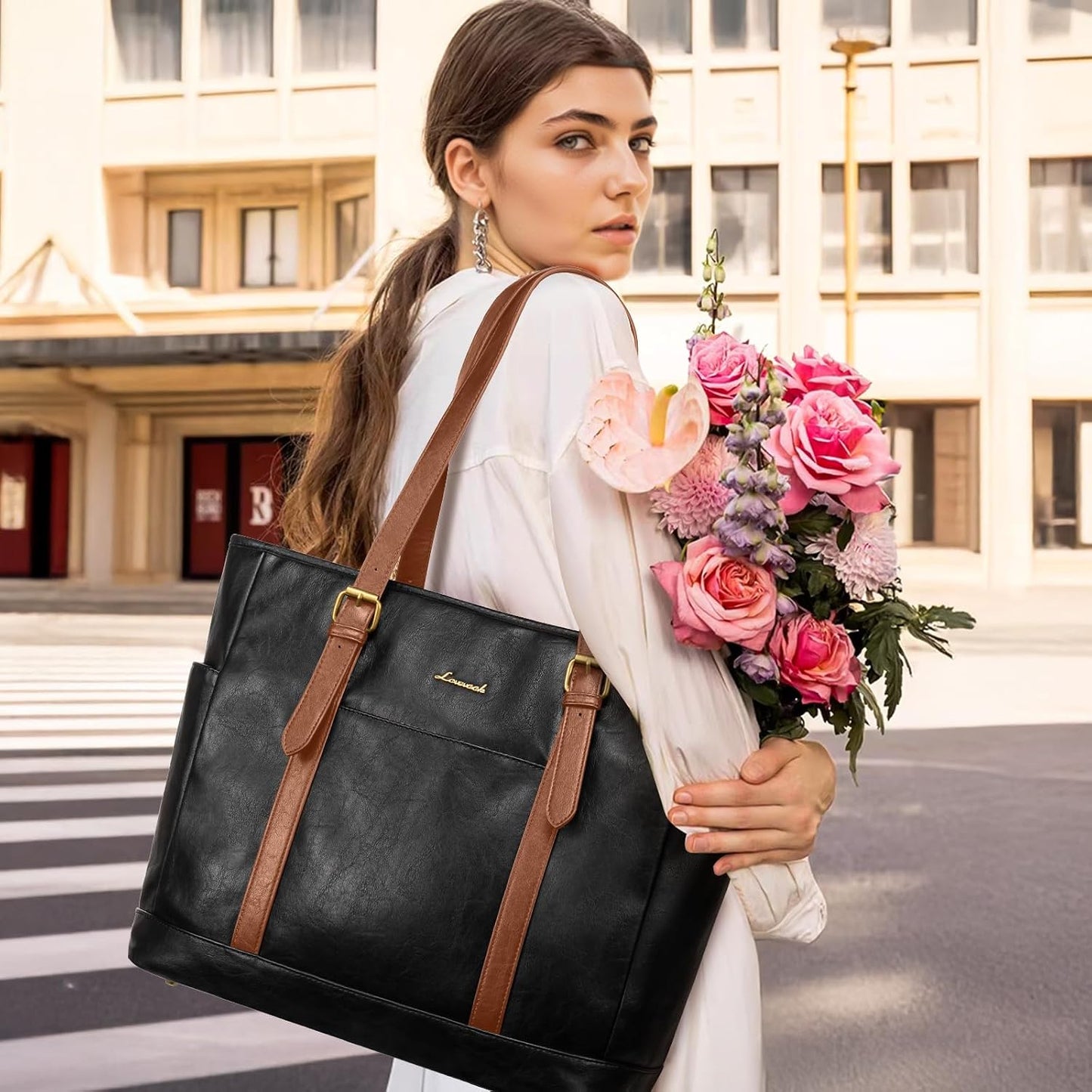 Laptop Tote Bag for Women,Leather Work Computer Briefcase Bag | Large Cup Holder,15.6 Inch Work Tote,Professional Briefcase,Teacher Commuter Shoulder Bag,Office,Travel,Gift