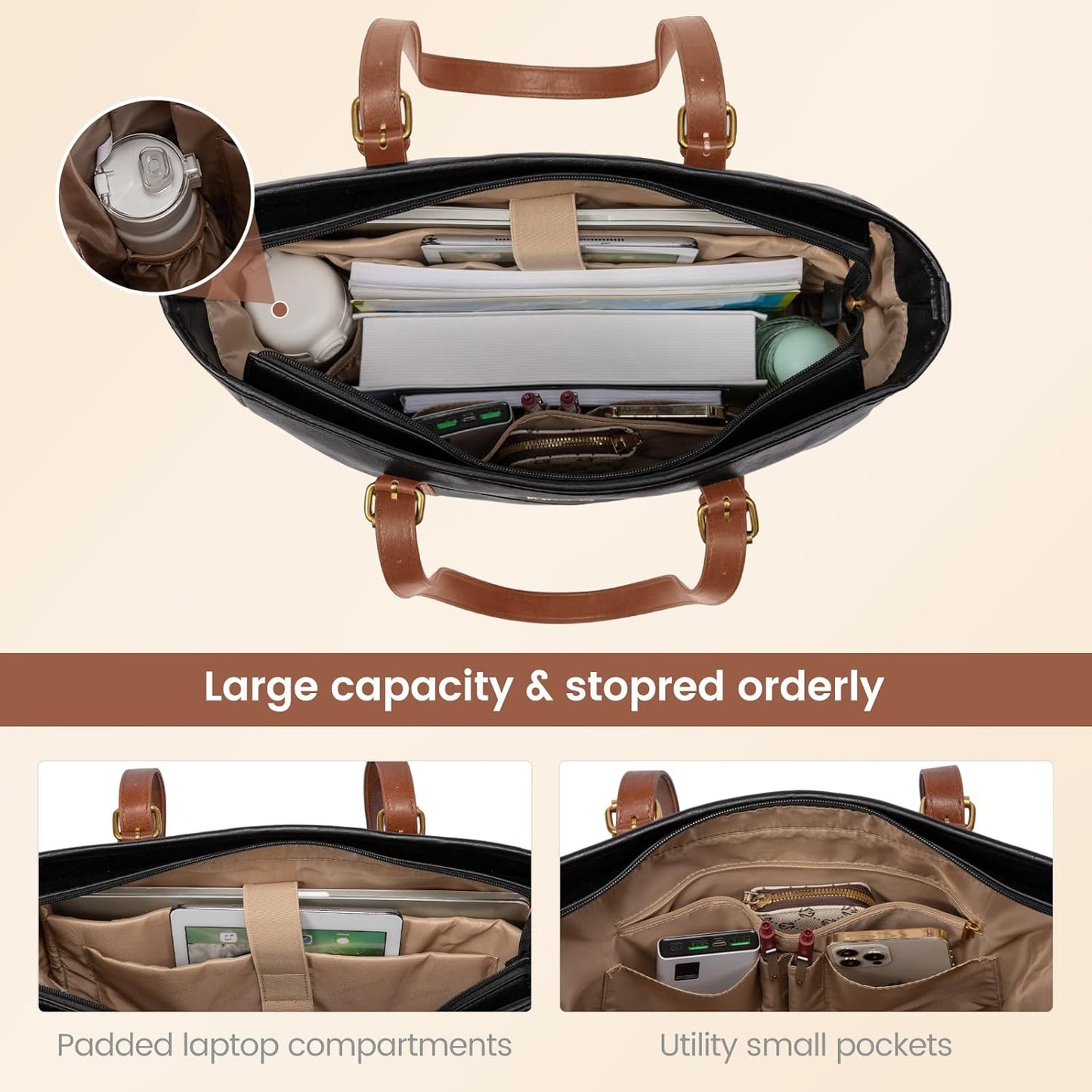 Laptop Tote Bag for Women,Leather Work Computer Briefcase Bag | Large Cup Holder,15.6 Inch Work Tote,Professional Briefcase,Teacher Commuter Shoulder Bag,Office,Travel,Gift