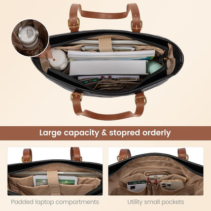 Laptop Tote Bag for Women,Leather Work Computer Briefcase Bag | Large Cup Holder,15.6 Inch Work Tote,Professional Briefcase,Teacher Commuter Shoulder Bag,Office,Travel,Gift