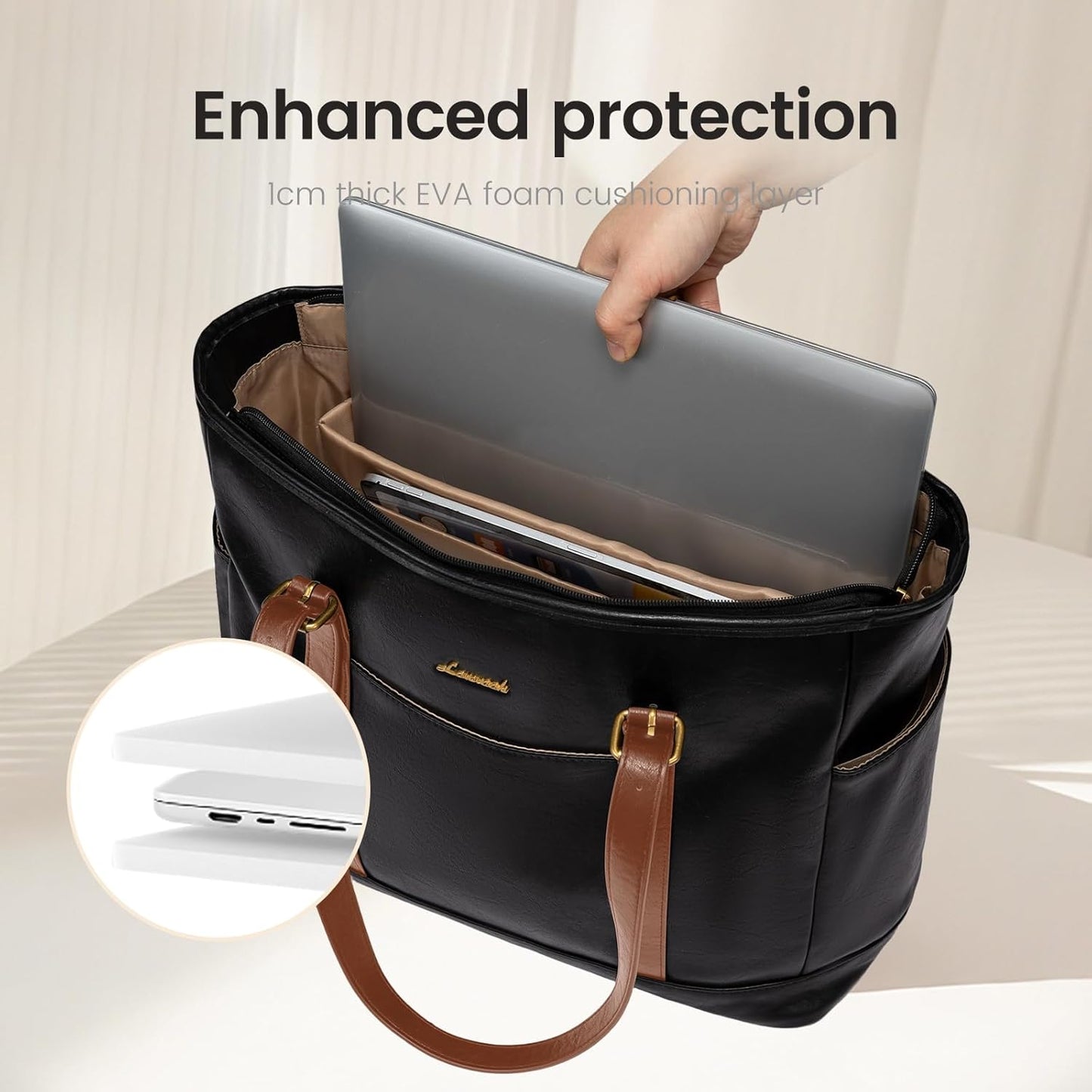 Laptop Tote Bag for Women,Leather Work Computer Briefcase Bag | Large Cup Holder,15.6 Inch Work Tote,Professional Briefcase,Teacher Commuter Shoulder Bag,Office,Travel,Gift