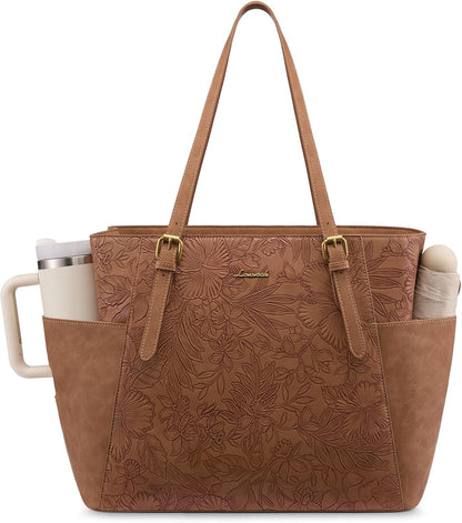 Laptop Tote Bag for Women,Leather Work Computer Briefcase Bag | Large Cup Holder,15.6 Inch Work Tote,Professional Briefcase,Teacher Commuter Shoulder Bag,Office,Travel,Gift