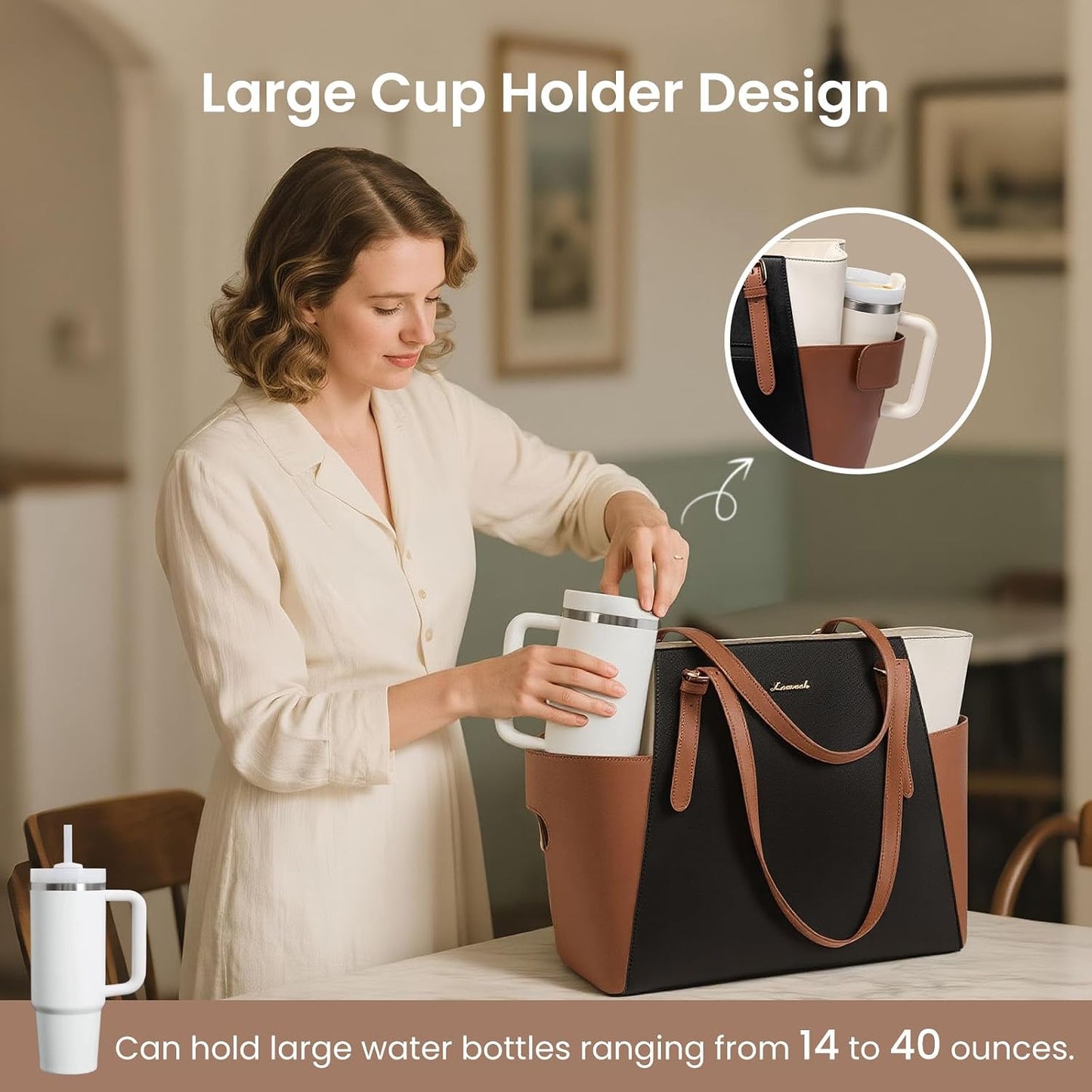 Laptop Tote Bag for Women,Leather Work Computer Briefcase Bag | Large Cup Holder,15.6 Inch Work Tote,Professional Briefcase,Teacher Commuter Shoulder Bag,Office,Travel,Gift