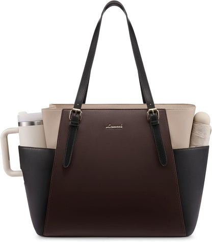 Laptop Tote Bag for Women,Leather Work Computer Briefcase Bag | Large Cup Holder,15.6 Inch Work Tote,Professional Briefcase,Teacher Commuter Shoulder Bag,Office,Travel,Gift
