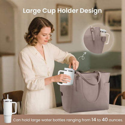 Laptop Tote Bag for Women,Leather Work Computer Briefcase Bag | Large Cup Holder,15.6 Inch Work Tote,Professional Briefcase,Teacher Commuter Shoulder Bag,Office,Travel,Gift