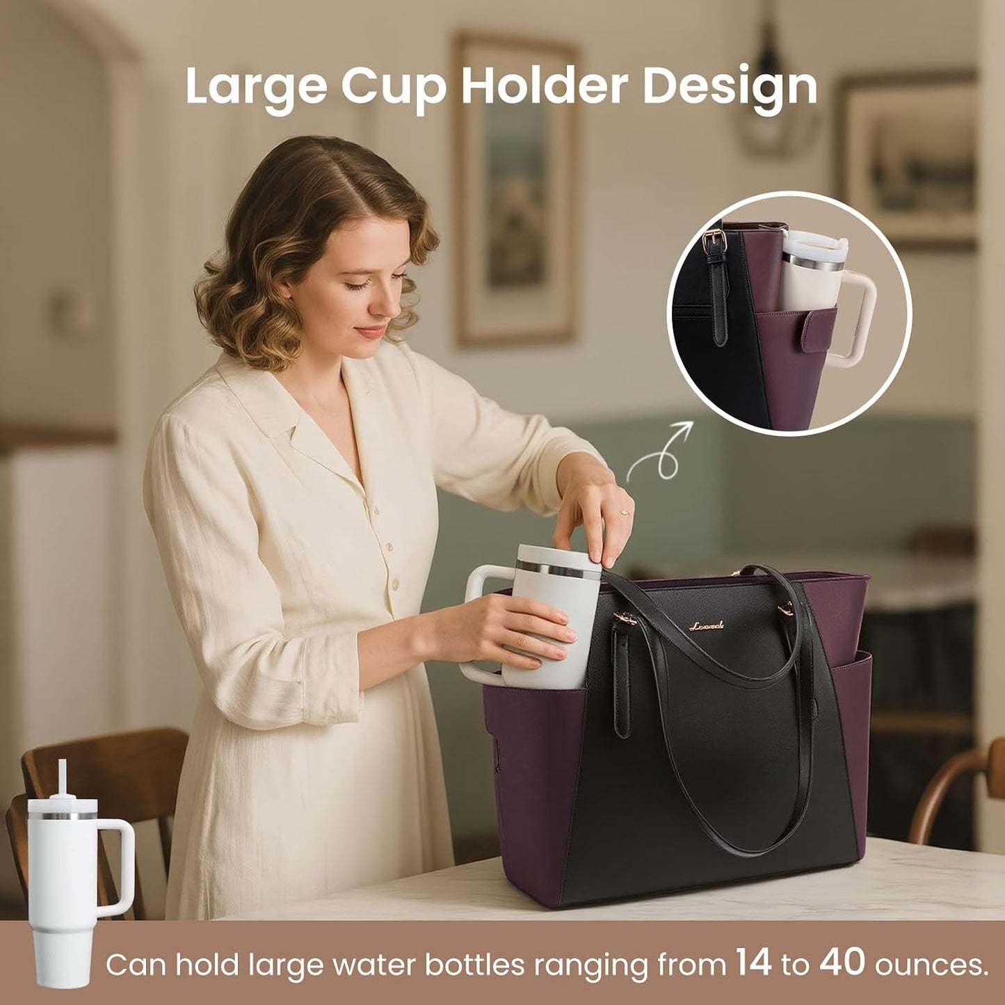Laptop Tote Bag for Women,Leather Work Computer Briefcase Bag | Large Cup Holder,15.6 Inch Work Tote,Professional Briefcase,Teacher Commuter Shoulder Bag,Office,Travel,Gift