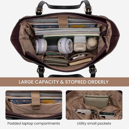 Laptop Tote Bag for Women,Leather Work Computer Briefcase Bag | Large Cup Holder,15.6 Inch Work Tote,Professional Briefcase,Teacher Commuter Shoulder Bag,Office,Travel,Gift