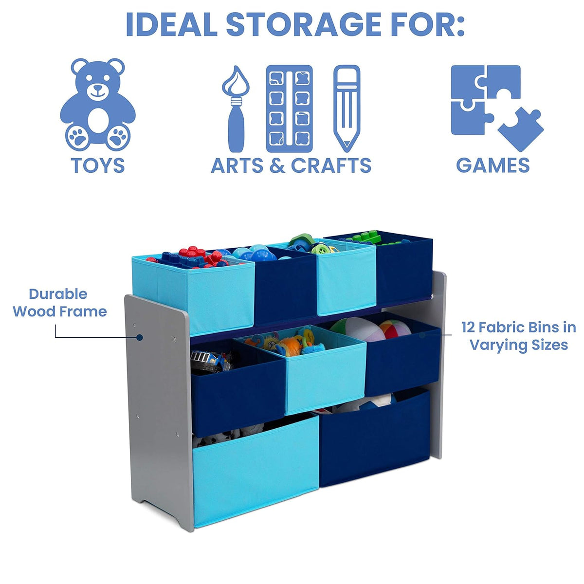 Deluxe Multi-Bin Toy Organizer with Storage Bins, Grey/Blue Bins