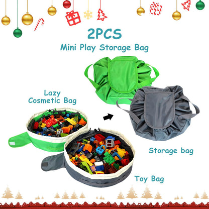 Toy Storage Bag for Lego - 2 PCS Mini Toy Play Mat Bag by Drawstring (Green and Grey)