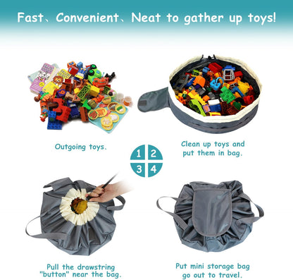 Toy Storage Bag for Lego - 2 PCS Mini Toy Play Mat Bag by Drawstring (Green and Grey)