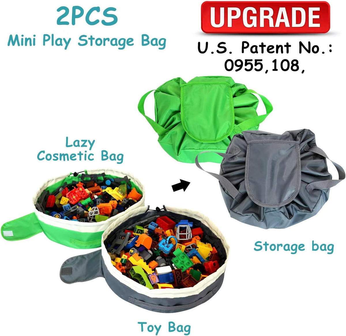Toy Storage Bag for Lego - 2 PCS Mini Toy Play Mat Bag by Drawstring (Green and Grey)