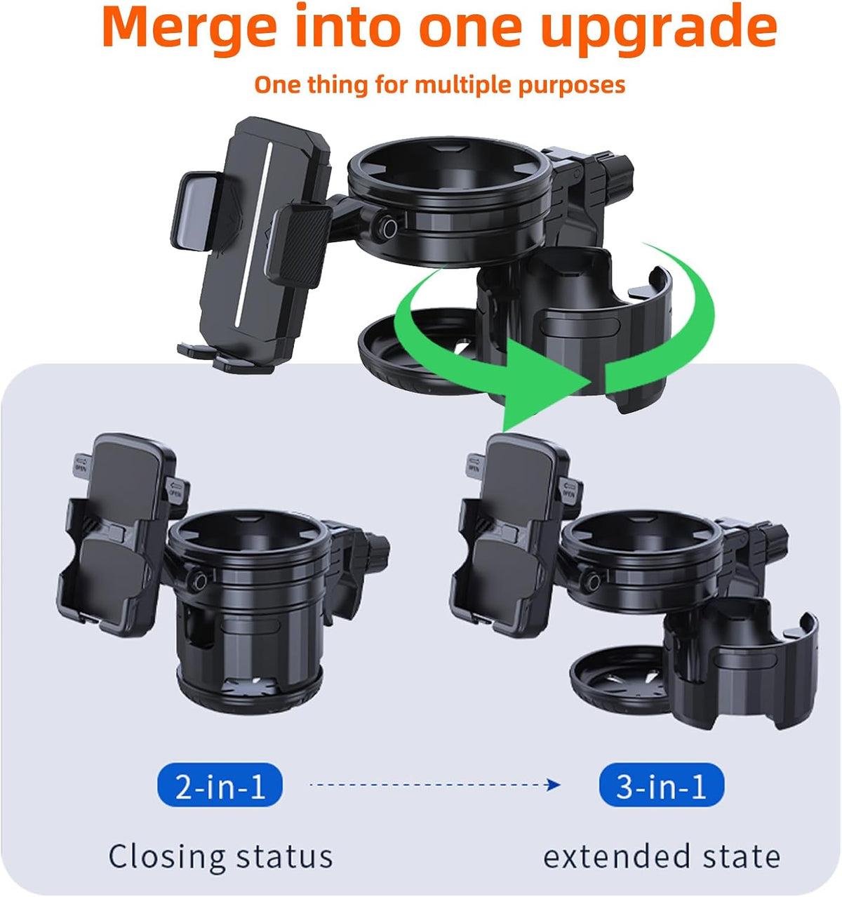 4-in-1 Universal Stroller Cup Holder – Adjustable Single/Double Cup & Phone Holder, 360° Rotatable, Anti-Slip Silicone Grip, Spill-Proof Design for Baby Strollers, bicycles,Wheelchairs, Shopping Carts