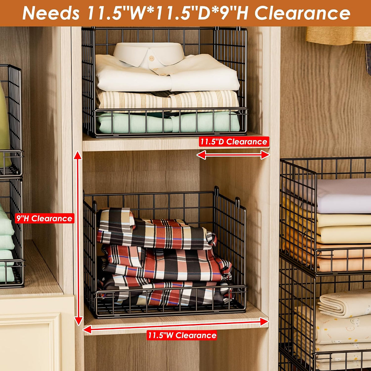 Stackable Closet Organizers and Storage Baskets, 4-Tier Closet Shelf Organizer , Space-Saving Clothes Storage Drawer, Foldable Clothes Storage Bins for Closet Organizer System, Black(Patent 30022416)