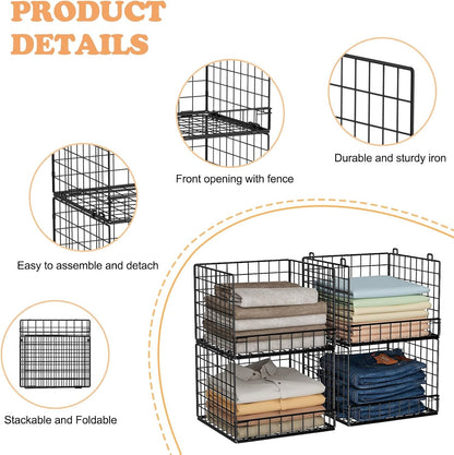 Stackable Closet Organizers and Storage Baskets, 4-Tier Closet Shelf Organizer , Space-Saving Clothes Storage Drawer, Foldable Clothes Storage Bins for Closet Organizer System, Black(Patent 30022416)