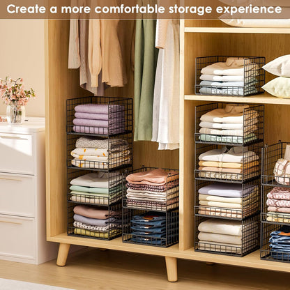 Stackable Closet Organizers and Storage Baskets, 4-Tier Closet Shelf Organizer , Space-Saving Clothes Storage Drawer, Foldable Clothes Storage Bins for Closet Organizer System, Black(Patent 30022416)