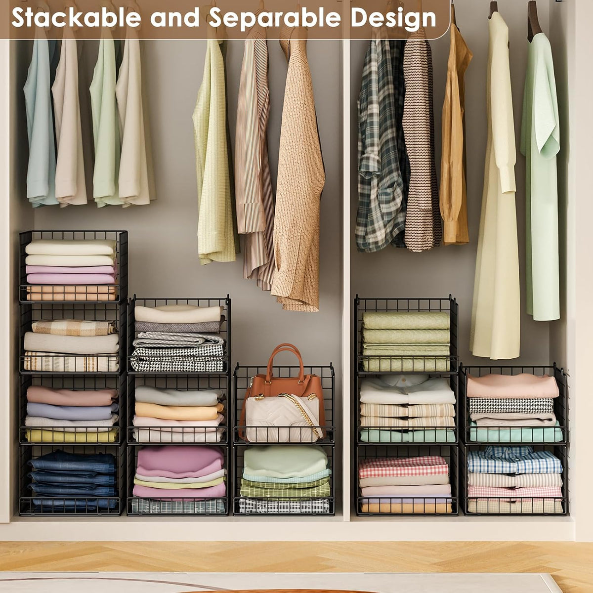 Stackable Closet Organizers and Storage Baskets, 4-Tier Closet Shelf Organizer , Space-Saving Clothes Storage Drawer, Foldable Clothes Storage Bins for Closet Organizer System, Black(Patent 30022416)