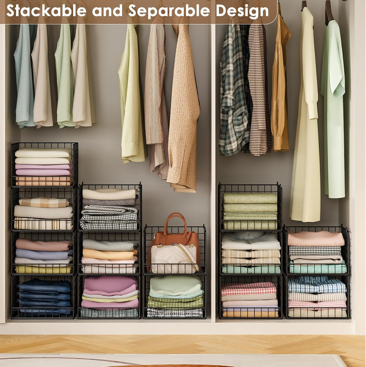 Stackable Closet Organizers and Storage Baskets, 4-Tier Closet Shelf Organizer , Space-Saving Clothes Storage Drawer, Foldable Clothes Storage Bins for Closet Organizer System, Black(Patent 30022416)