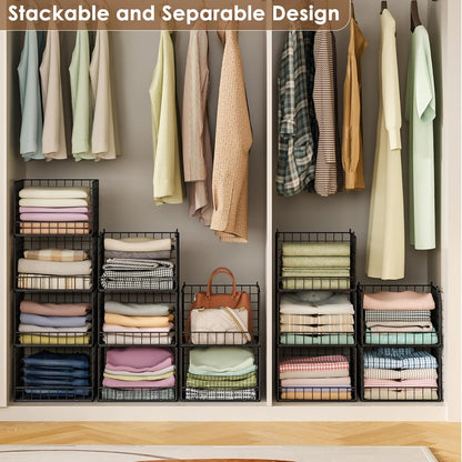 Stackable Closet Organizers and Storage Baskets, 4-Tier Closet Shelf Organizer , Space-Saving Clothes Storage Drawer, Foldable Clothes Storage Bins for Closet Organizer System, Black(Patent 30022416)