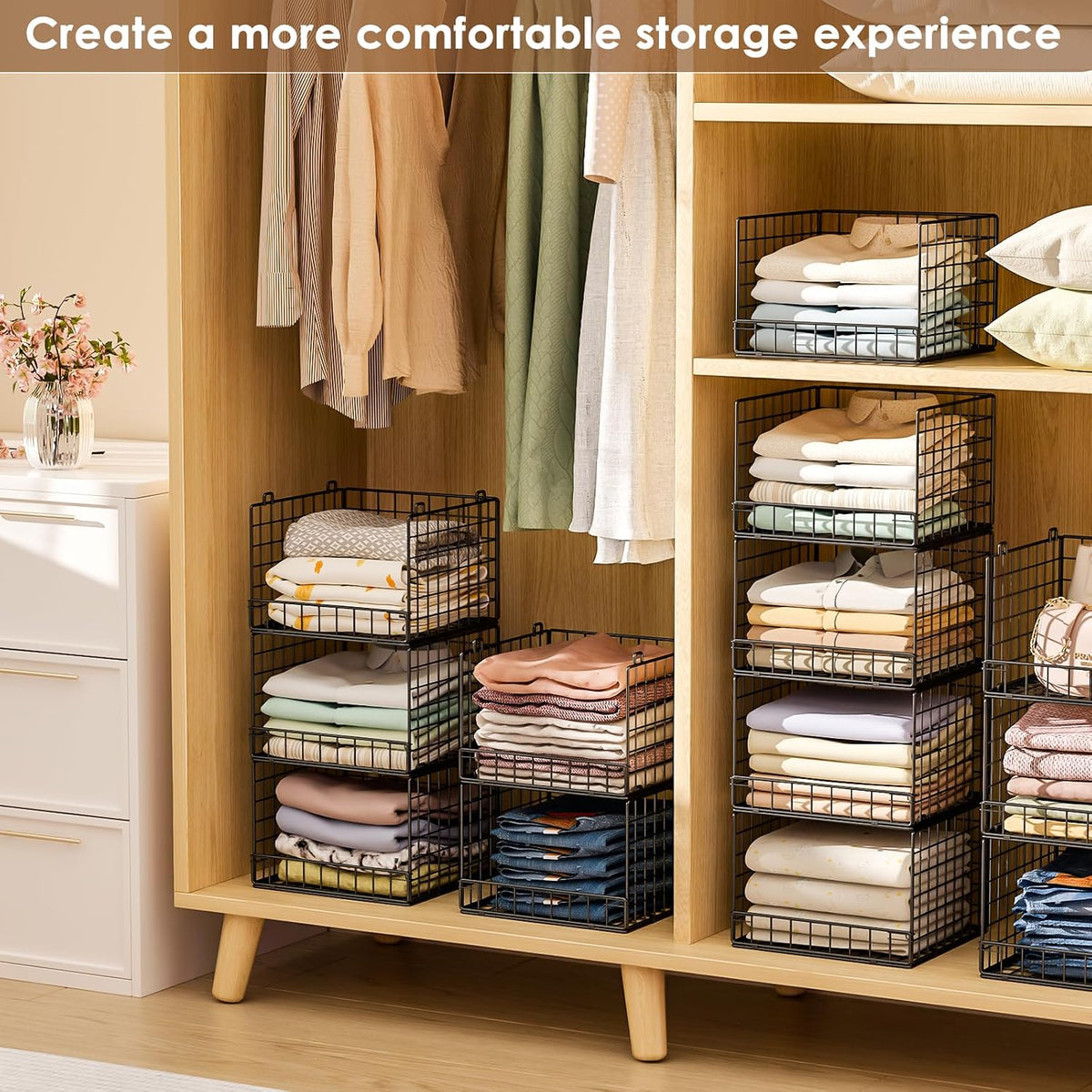Stackable Closet Organizers and Storage Baskets, 4-Tier Closet Shelf Organizer , Space-Saving Clothes Storage Drawer, Foldable Clothes Storage Bins for Closet Organizer System, Black(Patent 30022416)