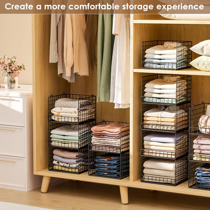 Stackable Closet Organizers and Storage Baskets, 4-Tier Closet Shelf Organizer , Space-Saving Clothes Storage Drawer, Foldable Clothes Storage Bins for Closet Organizer System, Black(Patent 30022416)