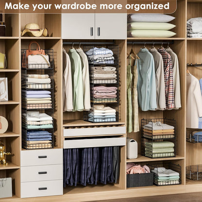 Stackable Closet Organizers and Storage Baskets, 4-Tier Closet Shelf Organizer , Space-Saving Clothes Storage Drawer, Foldable Clothes Storage Bins for Closet Organizer System, Black(Patent 30022416)