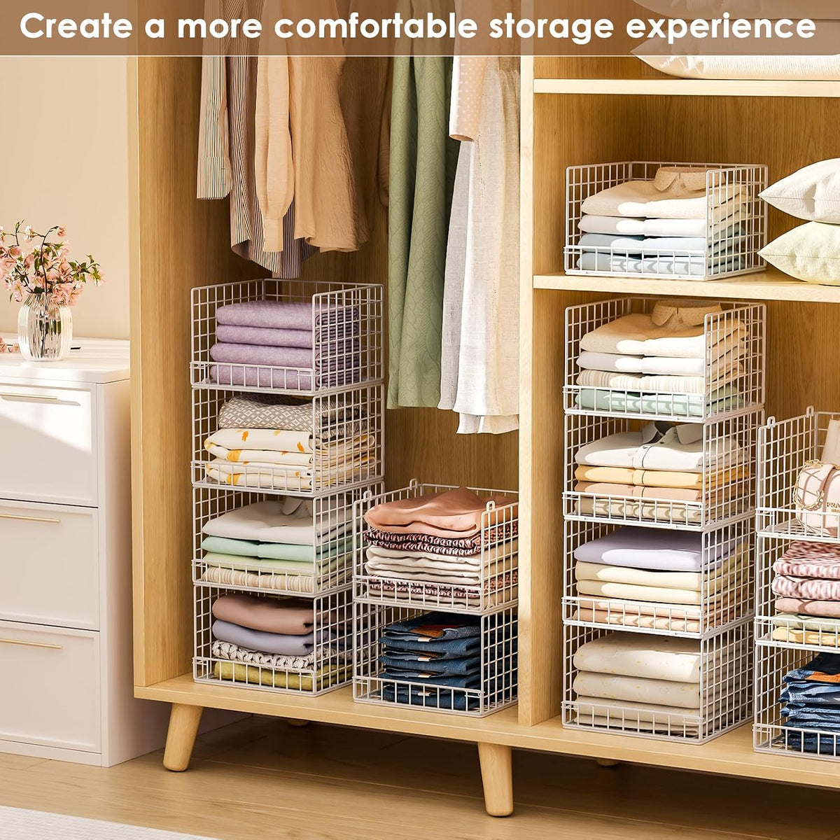Stackable Closet Organizers and Storage Baskets, 4-Tier Closet Shelf Organizer , Space-Saving Clothes Storage Drawer, Foldable Clothes Storage Bins for Closet Organizer System, Black(Patent 30022416)