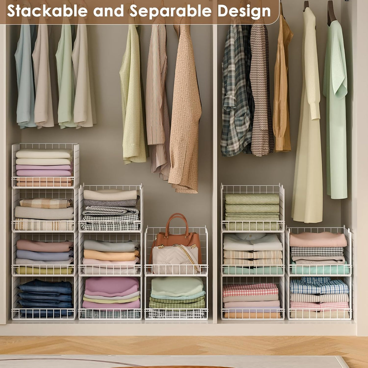 Stackable Closet Organizers and Storage Baskets, 4-Tier Closet Shelf Organizer , Space-Saving Clothes Storage Drawer, Foldable Clothes Storage Bins for Closet Organizer System, Black(Patent 30022416)