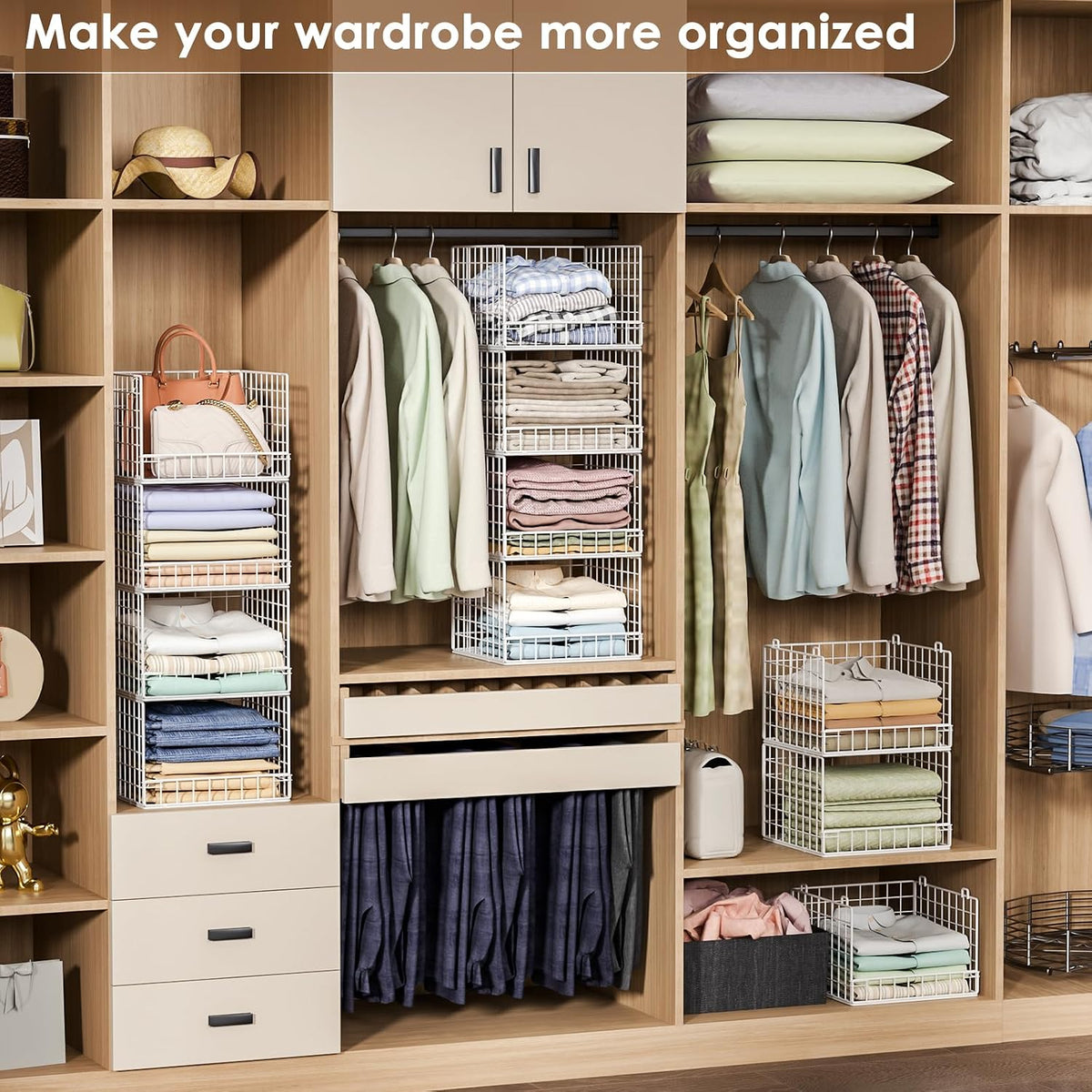 Stackable Closet Organizers and Storage Baskets, 4-Tier Closet Shelf Organizer , Space-Saving Clothes Storage Drawer, Foldable Clothes Storage Bins for Closet Organizer System, Black(Patent 30022416)